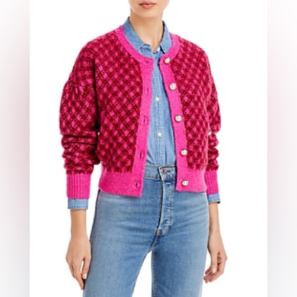 Aqua Faux Imitiation Pearl Preppy Knit Cardigan Pink Red Plaid Check Old Money - Picture 1 of 8